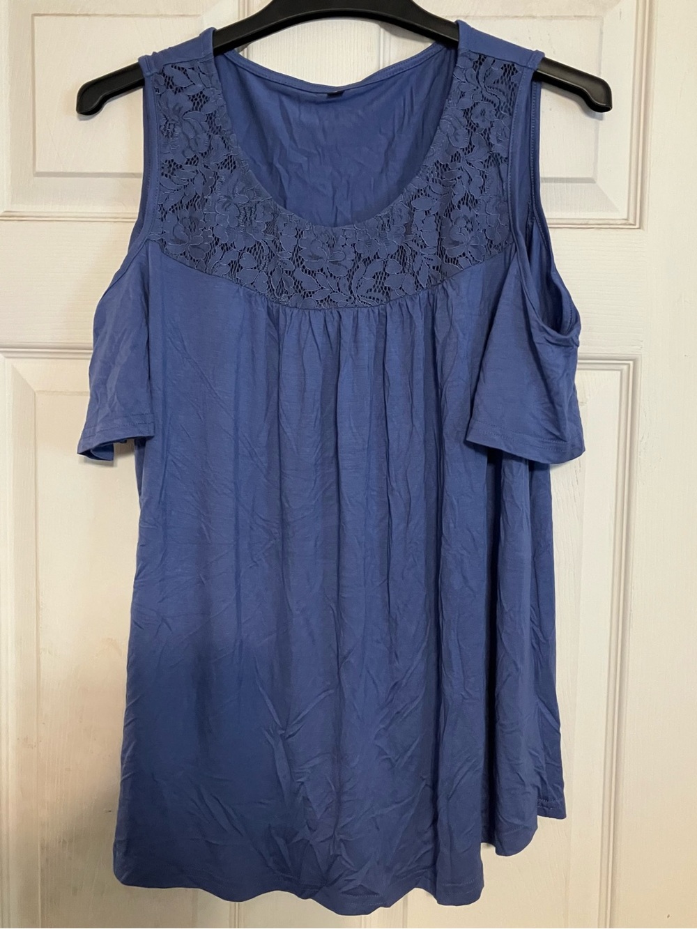 Cold-Shoulder Lace Yoke Women's Top in Blue Size L Blouse Casual Lightweight